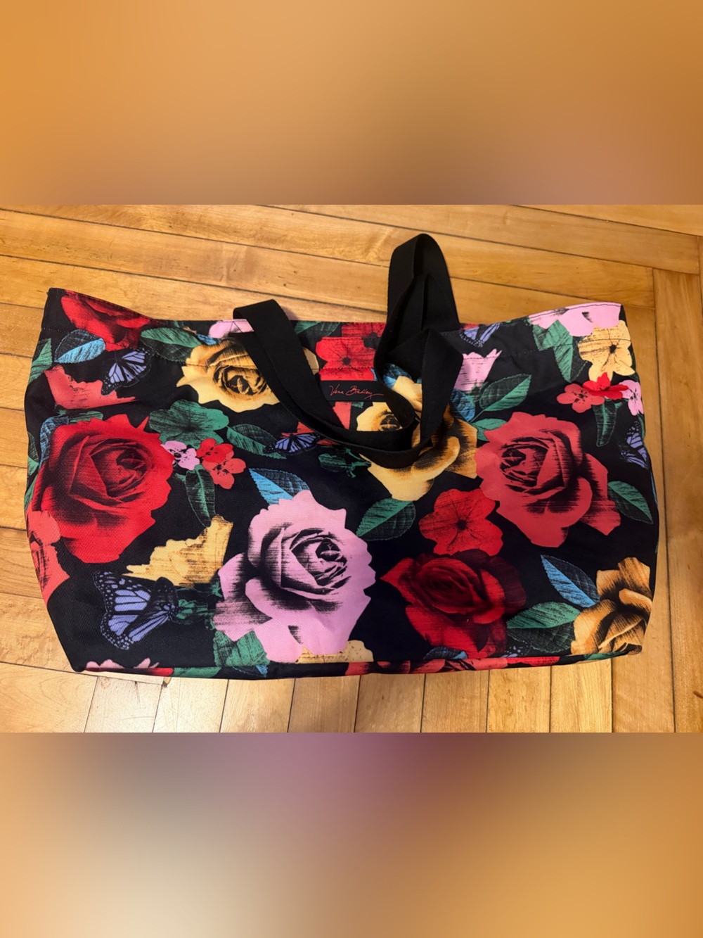 Vera Bradley Floral Tote Bag - Black with Red, Pink, Yellow & Green Accents